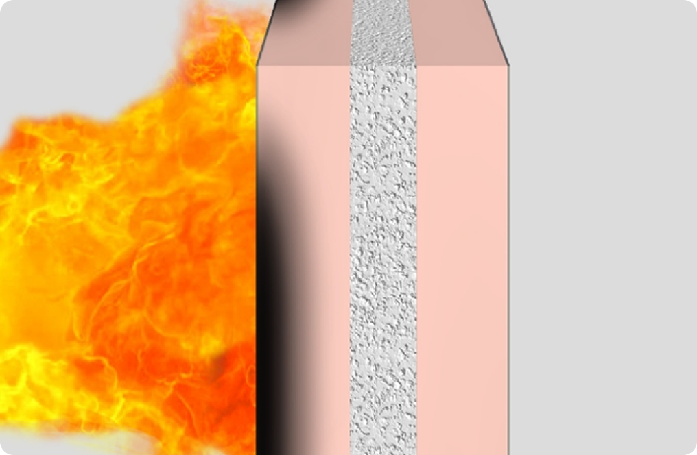 A 3D cross-section diagram of a fire-resistant insulation panel showing flames hitting the exterior surface while the internal core remains intact and heat-shielded
