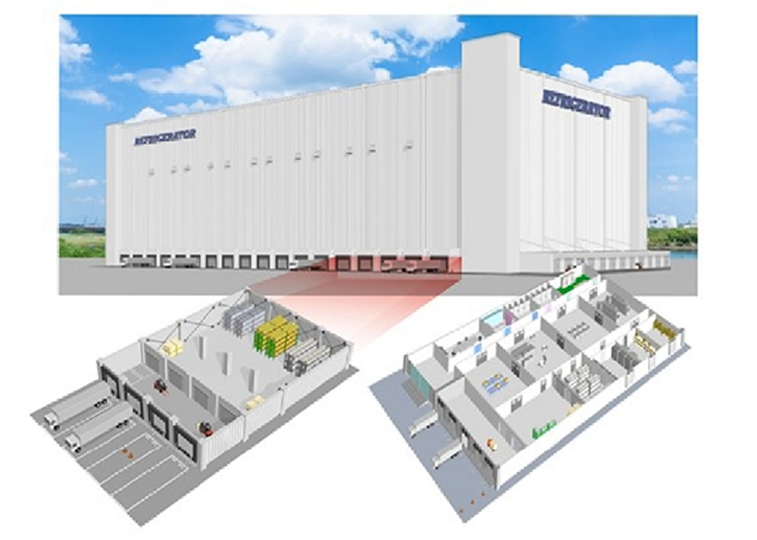 A 3D architectural rendering of a large-scale industrial refrigerator building with a detailed interior cutaway showing floor plans and loading bays.