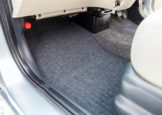 View of the vehicle interior floor and lower door panel.