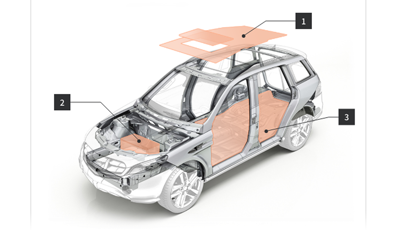 Diagram of a car chassis highlighting specific internal parts for insulation.