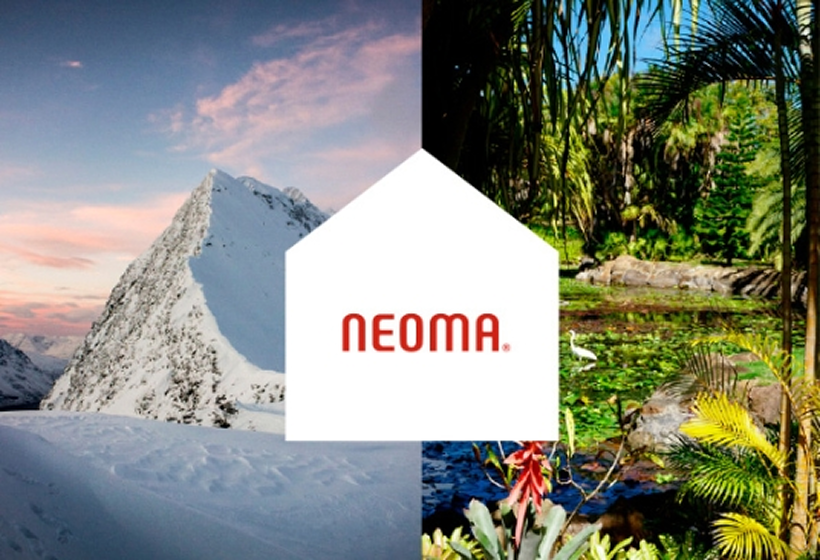 Collage showing the Neoma logo alongside snowy mountains and tropical foliage.