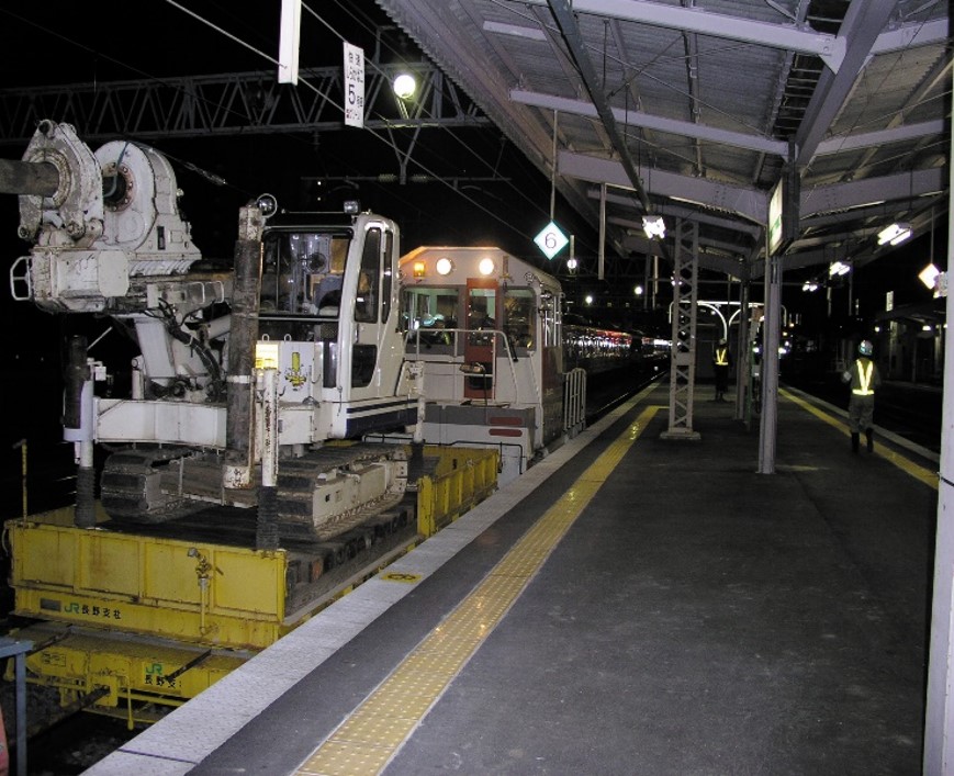 施工機械搬入時の様子（ホーム上）